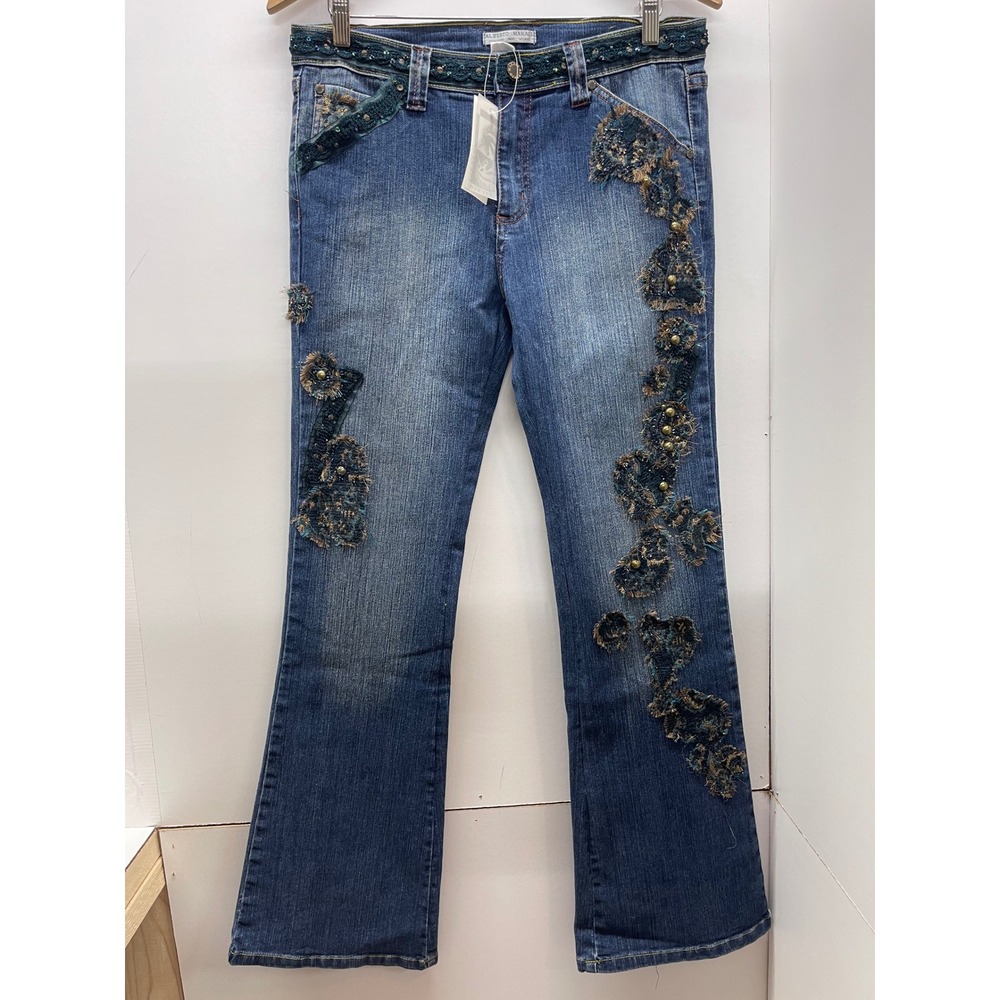 Alberto Makali VTG Y2K Embellished Flare Jeans Blue Denim Boho Sequin Size 8 NEW